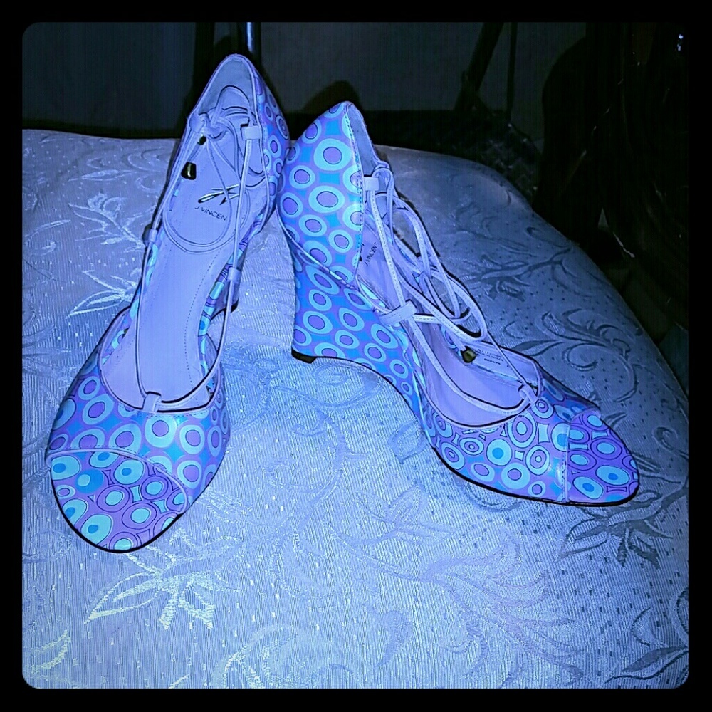 NEW J VINCENT MARILYN BLUE ALL LEATHER WEDGE HEELS - Picture 2 of 7